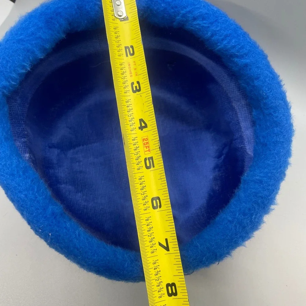 Vintage Electric Blue Fuzzy Wool Pillbox Hat Mauve Satin Bow Mid Century Modern